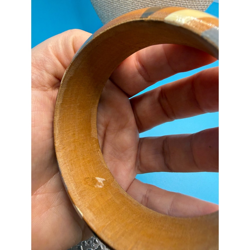 Vintage Wooden Bangle Bracelet Striped Geometric Boho Earth Tones Brown Gray - Picture 3 of 5